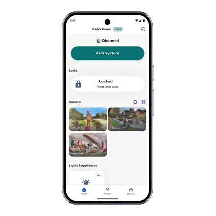 ADT+ app on a phone showing system status, locks and cameras, for Westfield, IN homes