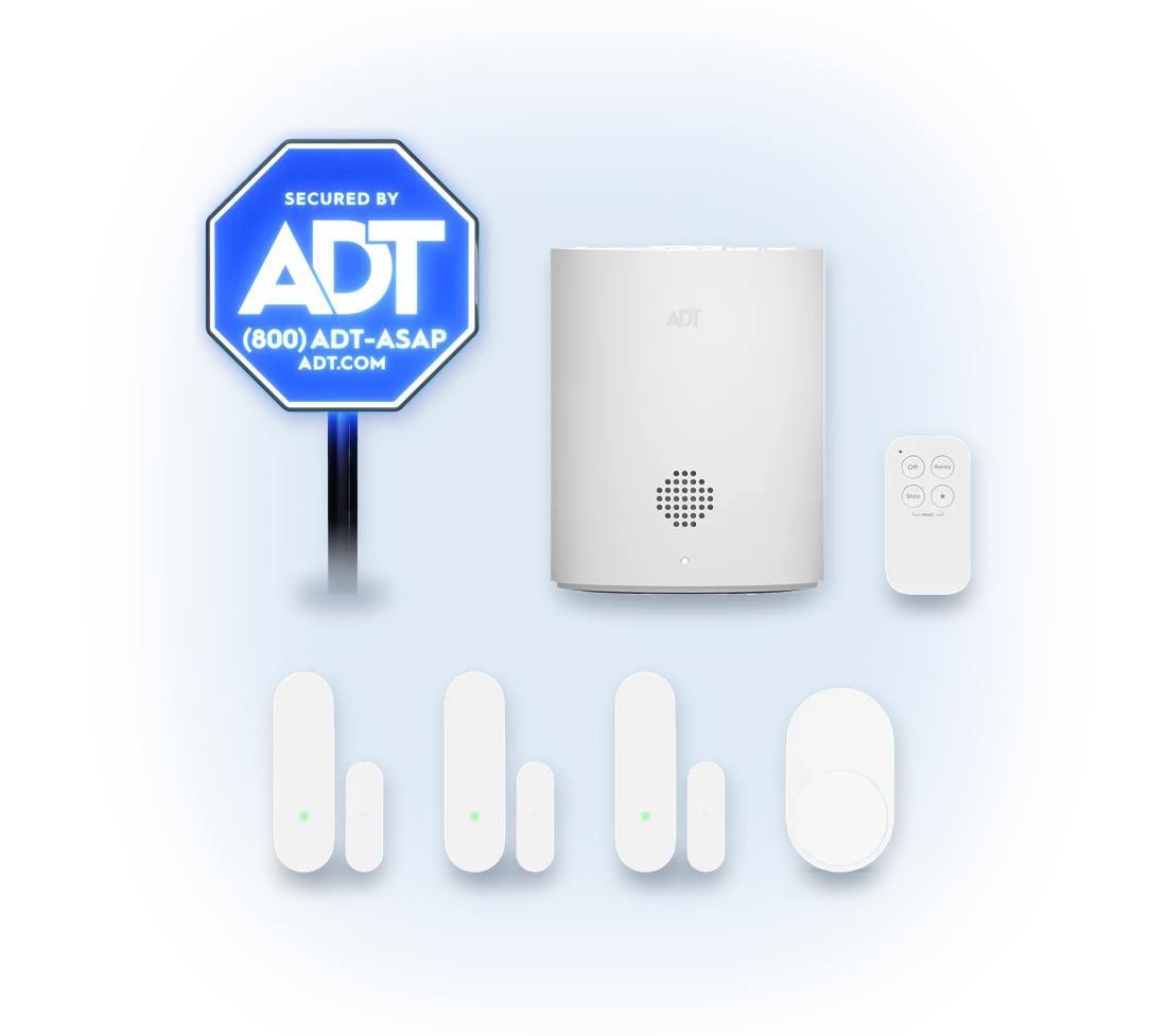 ADT Live Light Sign, ADT+ Base and key fob above 3 door and window sensors and a motion sensor