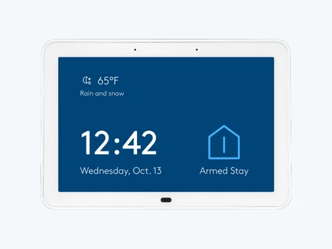 ADT+ Touchscreen wall panel showing the time and Armed Stay status, for Westfield, IN homes
