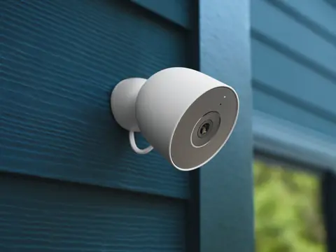 Google Nest Cam outdoor wired security camera mounted on a home's siding, for Westfield, IN homes